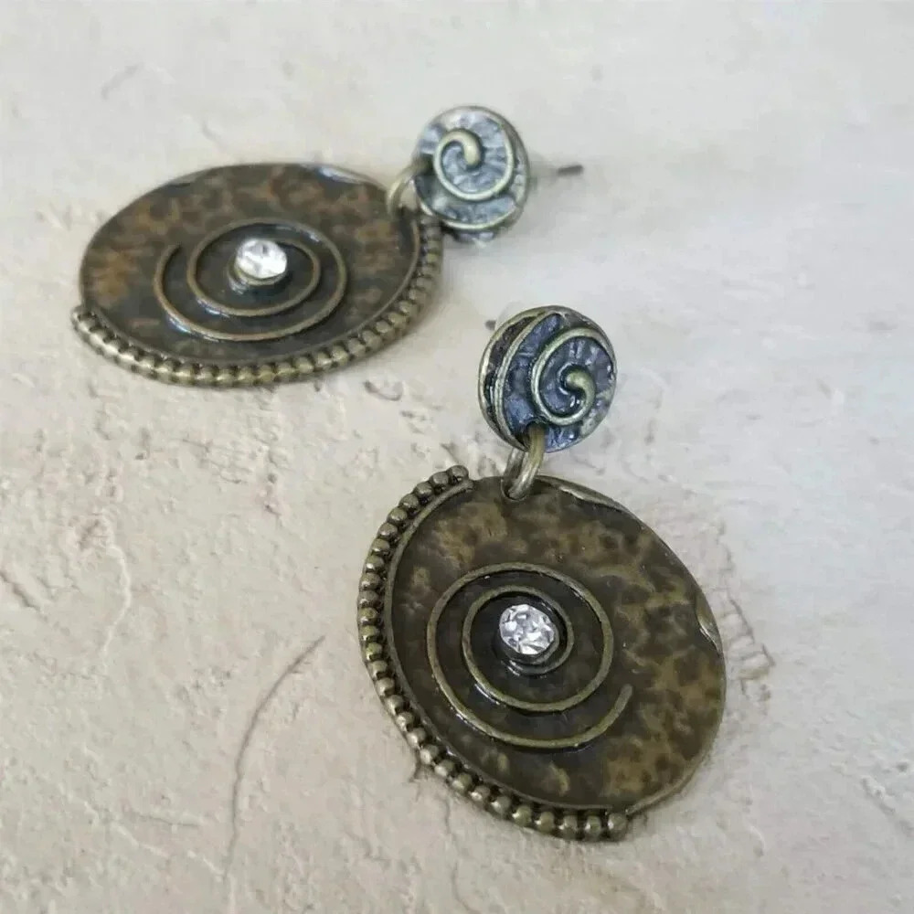 Bronze Steampunk Crystal Rhinestone Carved Chunky Metal Dangle Earrings